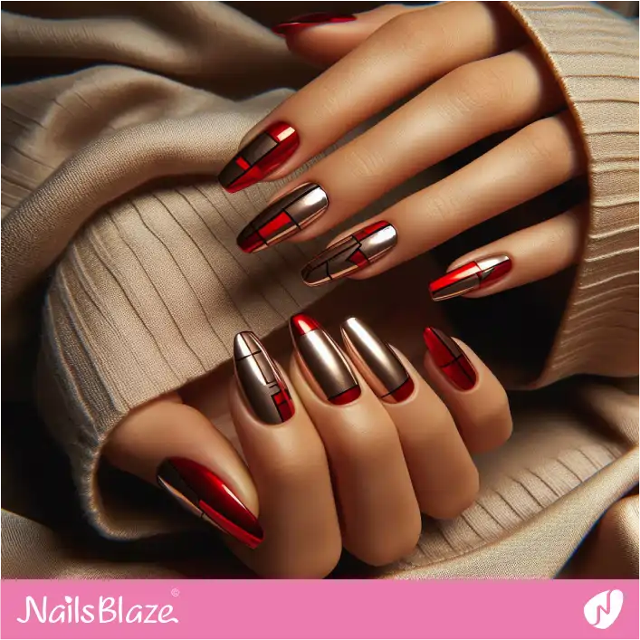Nails with Chrome and Red Foil Color Blocks | Foil Nails - NB4133